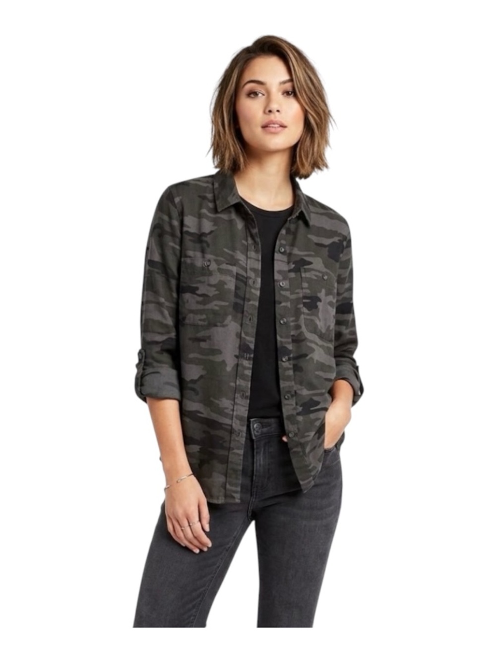 Sanctuary Tomboy Camouflage Button Down Shirt Sz L Gray Streetwear Utility Camo